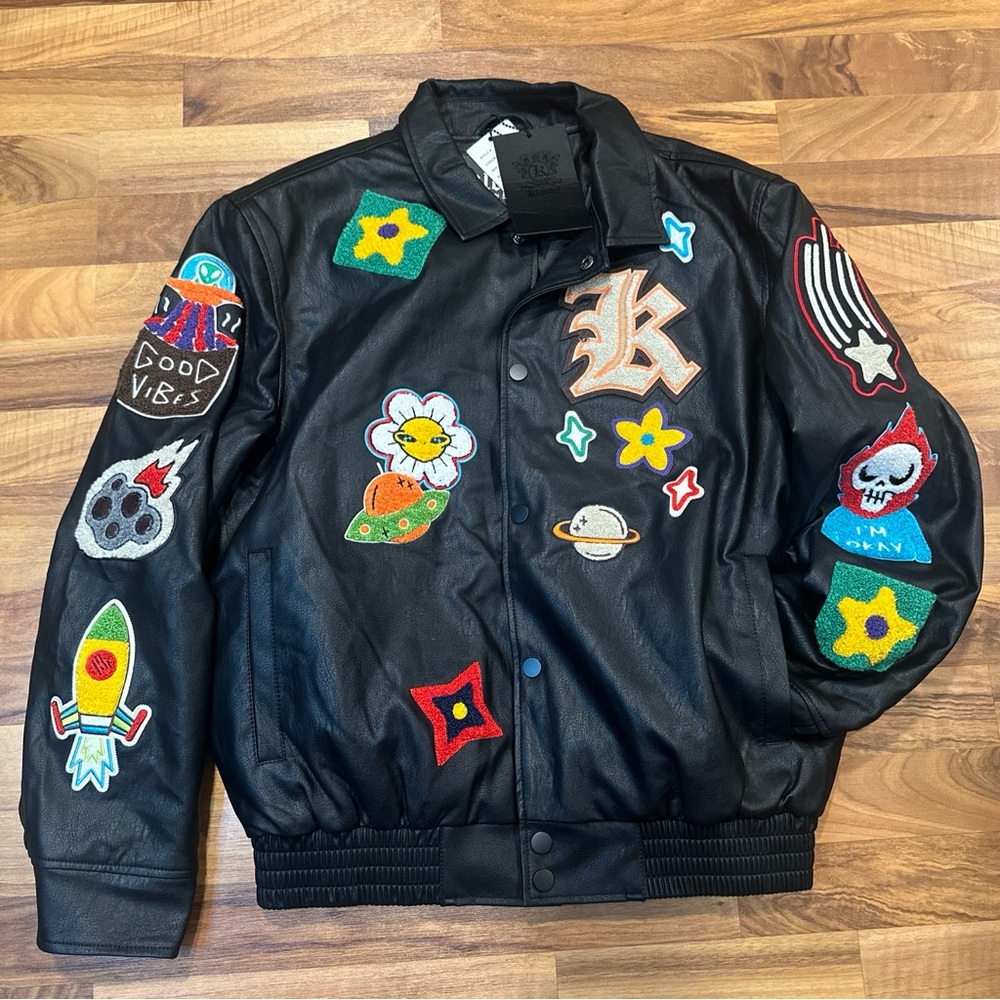 🔥 NWT Kloud9 Faux Leather Jacket Black Size Medium 3D‎ Embroidery Patches